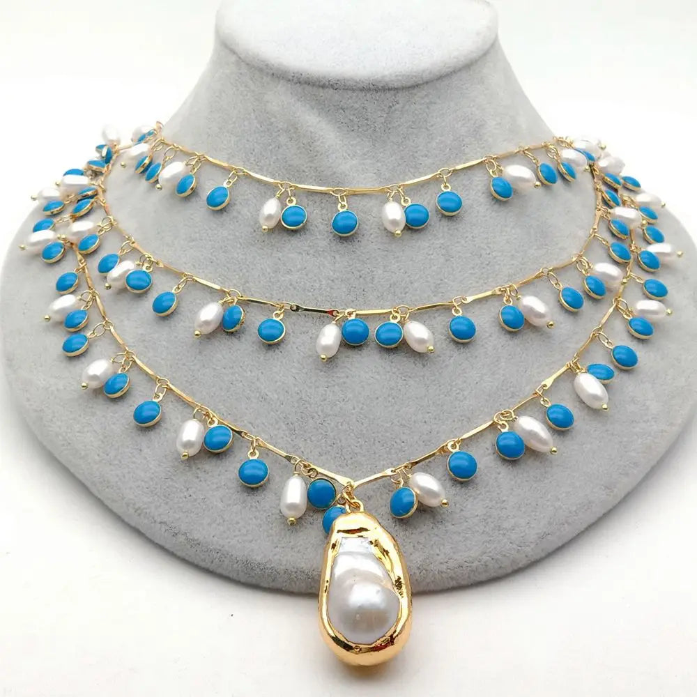 3 Strands 19'' Freshwater White Rice Pearl Blue Enamel Chain Necklace Keshi Pendant