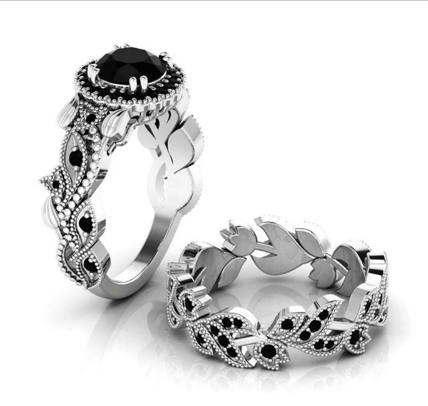 2 Pieces/set Exquisite Rose Gold Color Black Zircon Ring Vintage Flower Vine Inlaid with Champagne Stones Wedding Ring Set