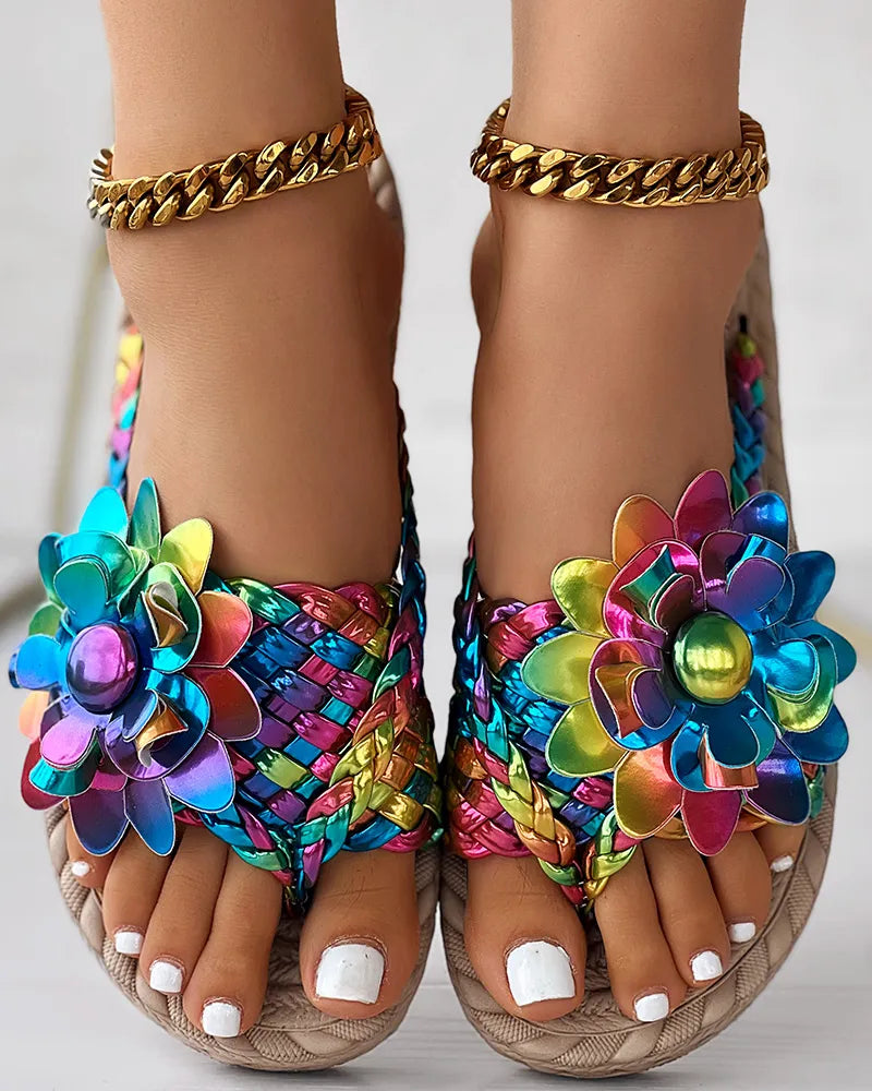 Women Fashion Casual Shoes Flat Vacation Holiday Holographic Braided Floral Pattern Toe Post Beach Flip Flops