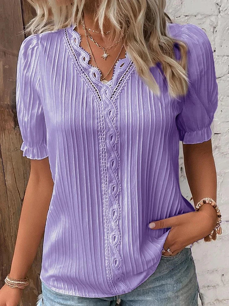 Women's Summer New Top 2024 Solid Sexy V-Neck Hollow Short Sleeve Shirt Fashion Splice Plus Size Blouse Loose Street Apparel