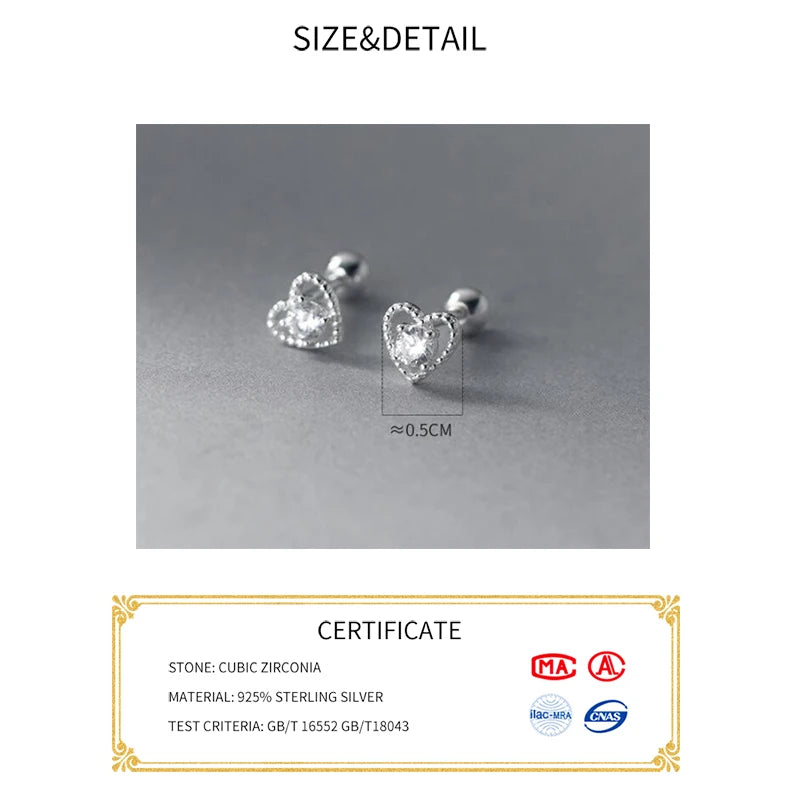 INZATT Real 925 Sterling Silver Zircon CZ Heart Bead Screw Stud Earrings For Women Classic Fine Jewelry Minimalist Accessories