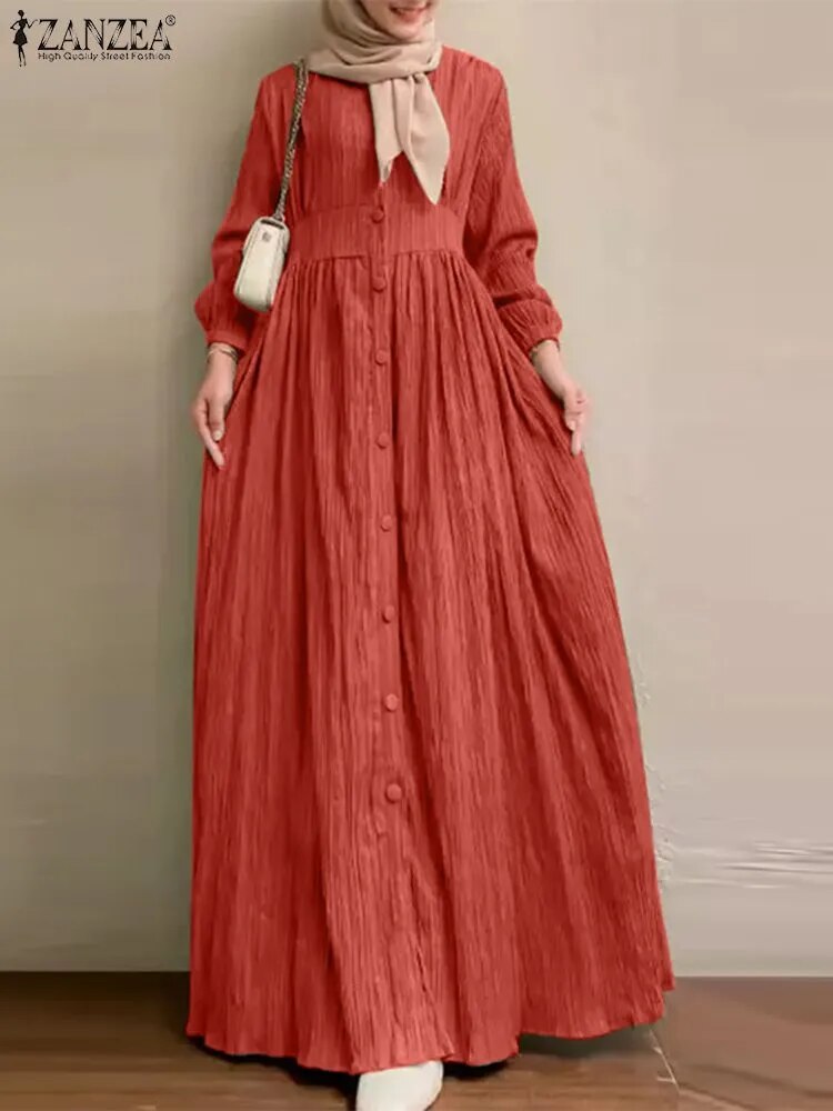 Women Vintage Long Sleeve Muslim Maxi Dress ZANZEA 2023 Autumn Elegant Casual Buttons Down Sundress Dubai Islamic Clothing Abaya