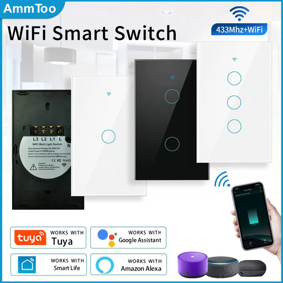 Tuya WiFi Smart Light Switch US 120 Type Wall Touch Panel Without Neutral Single Fire Work with Alexa Google Home 1/2/3 Gang