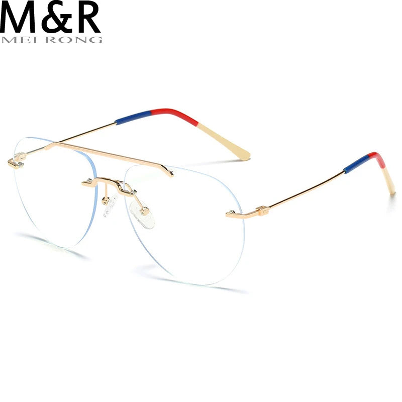 Double Beam Rimless Glasses for Men Women Oversized Anti Blue Light Eyeglasses Flat Mirror Optical Prescription Glasses Frame