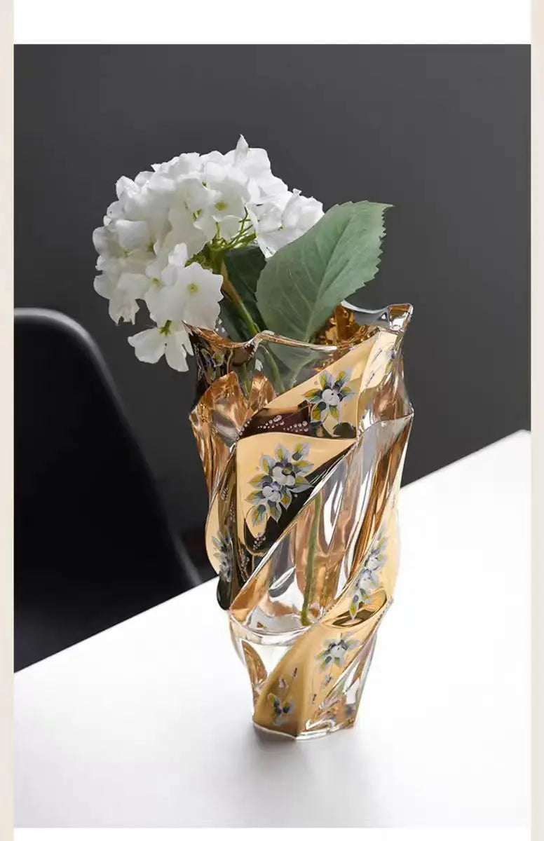 European Style Gold-plated Enamel Crystal Glass Vase, Fashionable and Luxurious Home Decoration Vase Gift, Home Decoration