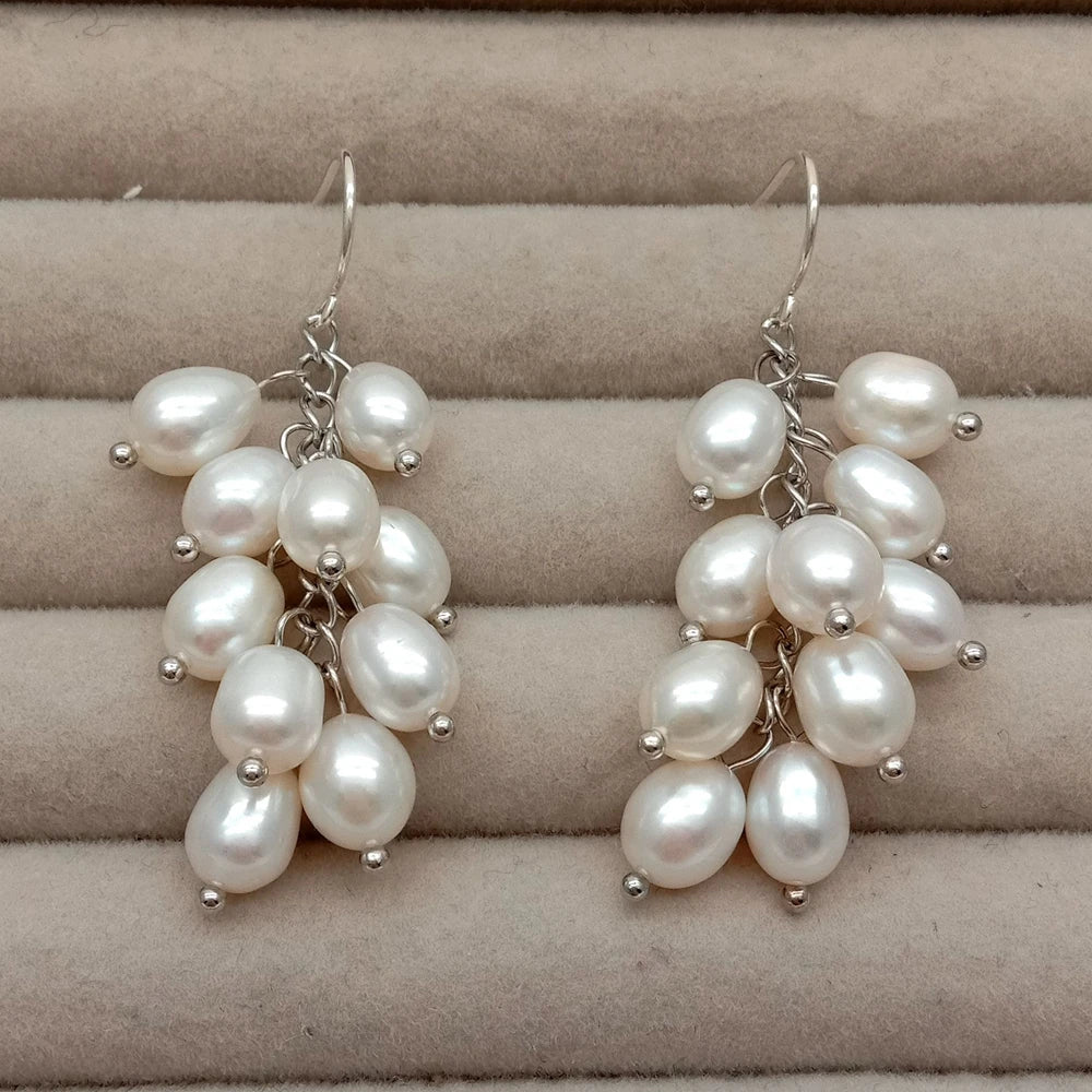 cultured white rice pearl danlge 925 silver hook earrings