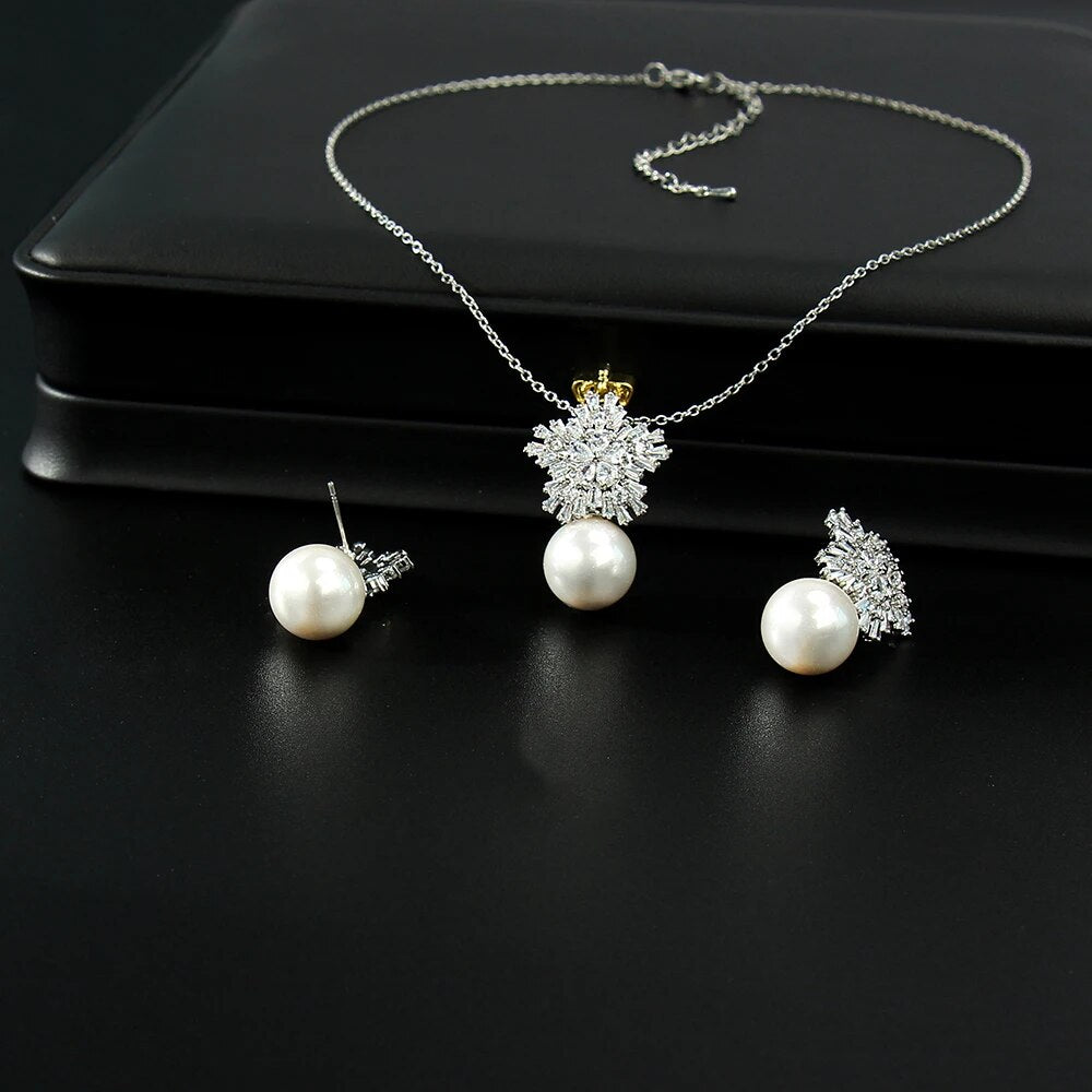 SUGO Classic Fashion Snowflake Zircon with Pearl Earrings Necklaces Jewelry Sets for Elegant Women Dinner Accessories