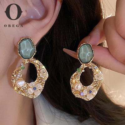 Obega Aesthetic Zircon Flower Hanging Earrings for Women Gold Color Big Drop Women's Earrings Party 2023 Trending Jewelry Gift