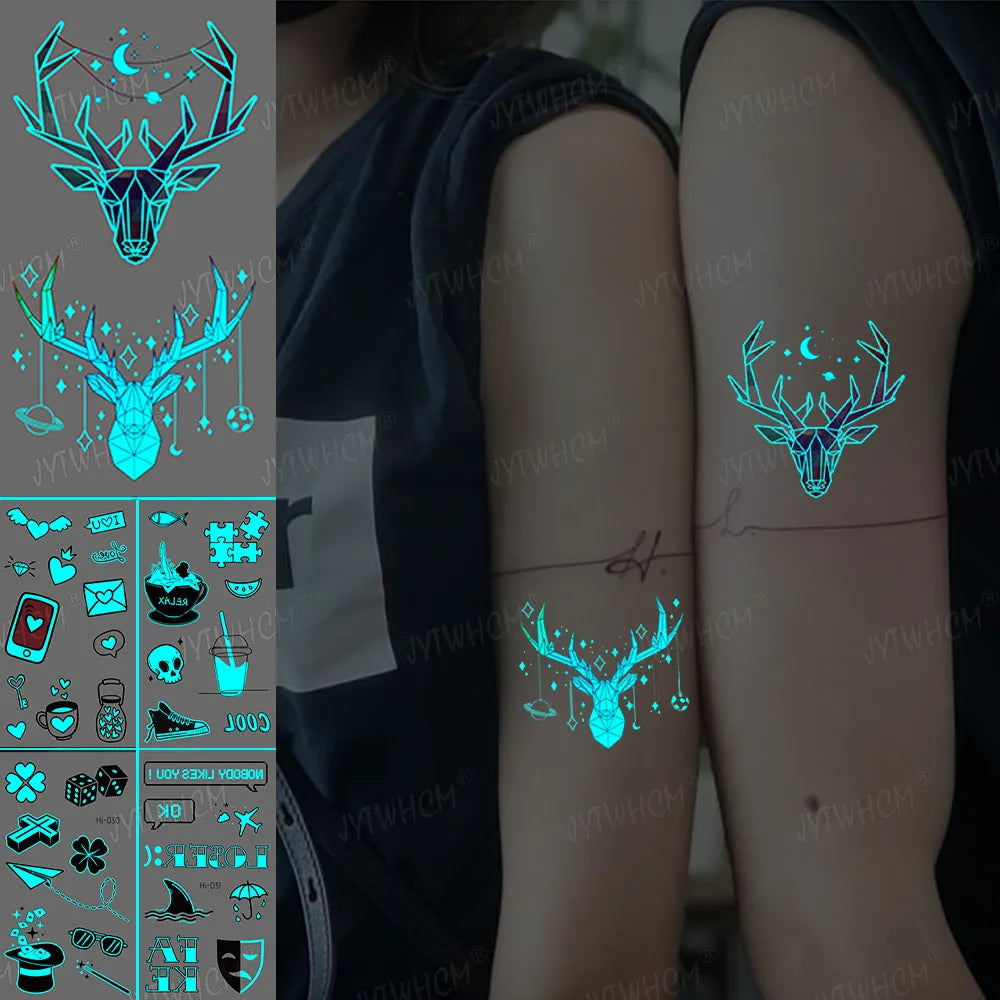 Blue Glowing Tattoo Sticker Luminous Deer Temporary Couple Tattoo Body Art Fluorescent Fake Tattoo For Men And Women 10.5x6CM