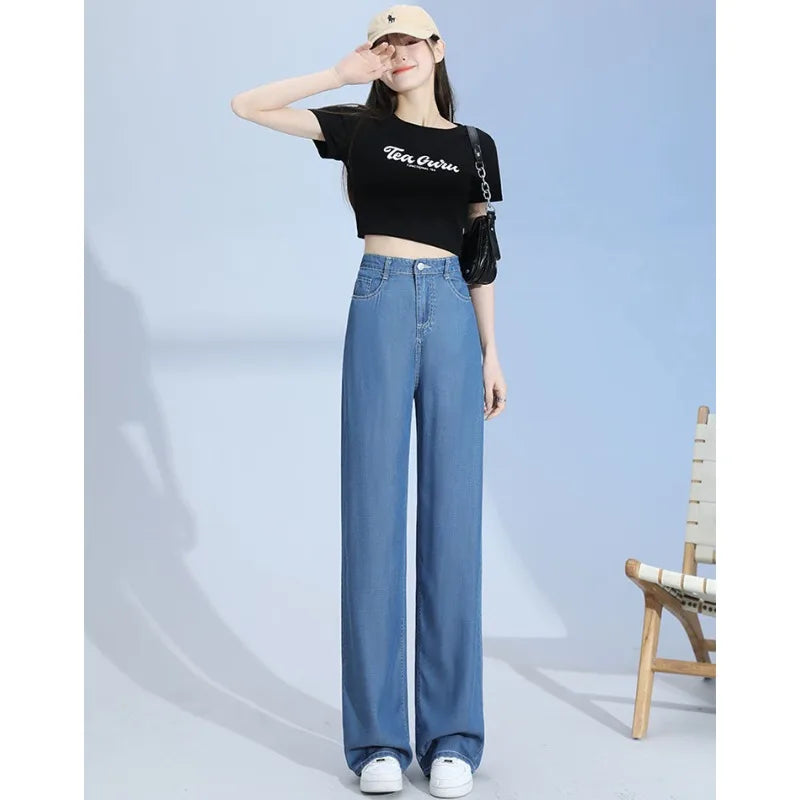 New Summer Thin Soft Women's Jeans Natural Lyocell Fabric Baggy Wide Leg Denim Pants Streetwear Loose Casual Female Clothing