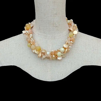 Y·YING Freshwater Cultured Champage Coin Pearl Yellow Agate Cyrstal Torsade Necklace Gemstone Jewelry