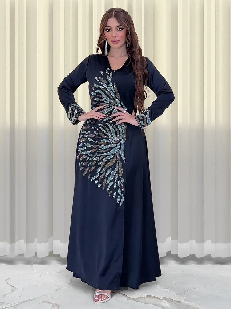 Autumn Muslim Dress for Women Satin Diaomnd Jalabiya Abaya Ramadan Long Dresses Woman Lace-up Robe Moroccan Caftan Vestidos 2023