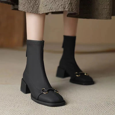 Women's autumn/winter fashion ankle boots Metal button-down elastic and fleece boots with thick heel Chelsea black sock boots