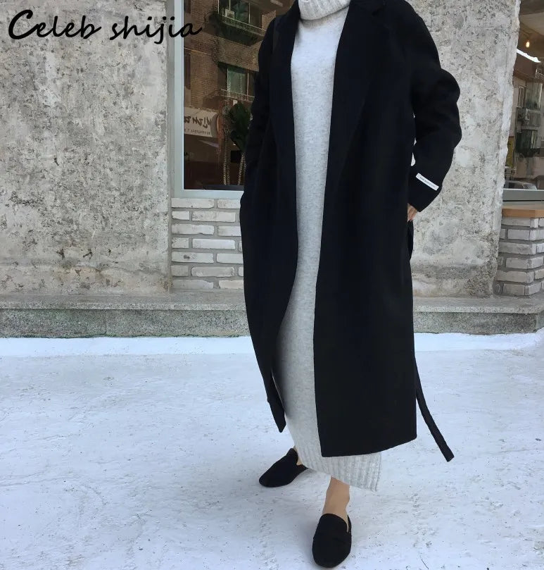 Chic Soft Cashmere Dress Women Winter Autumn Tall Neck Oversized Long Woolen Dress Vestido Ladies Long-sleeve Knitwear