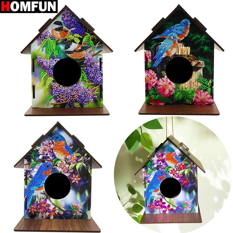 HOMFUN DIY Diamond Painting Bird's Nest Wooden Birdhouse Set Birdcage Ornaments Mosaic Pendant House Tree Hanging Decor Crafts