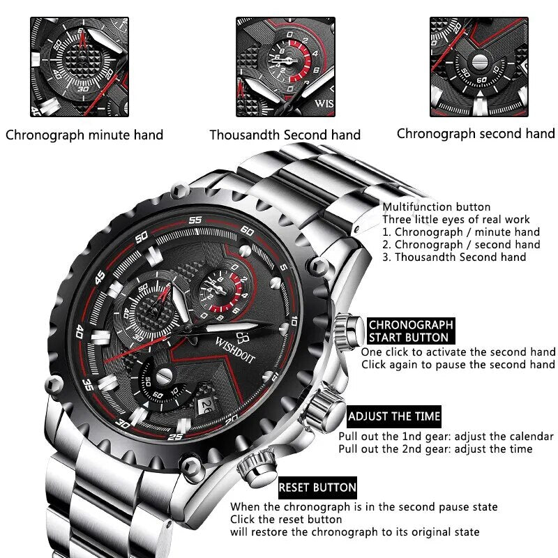 WISHDOIT Original Watch for Men TOP Brand Waterproof Sports Stainless Steel Chronograph 2022New Fashion Luxury Wrist Watches