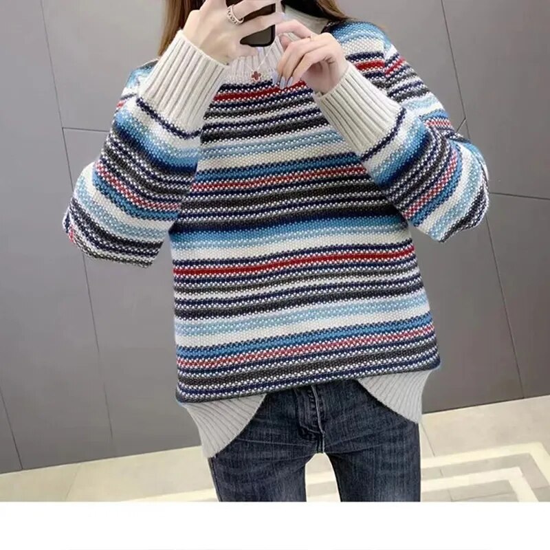 Autumn Winter Stripe Fashion Harajuku Sweater Women All Match Korean Chic Tops Lady Loose Casual Knitwear Long Sleeve Pullover