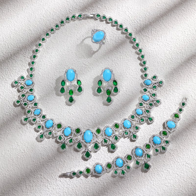 2023 Popular 4-piece Cubic Zirconia Turquoise Necklace Earrings Women's Jewelry Set Zircon Dubai Bride Wedding Jewelry Set