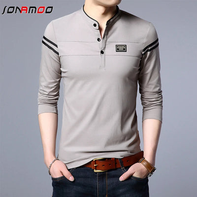 Men's Fashion Summer Long Sleeved POLO T-shirt Casual Cotton Breathable Top Stand Up Neck Long Sleeve Korean Comfortable Shirt