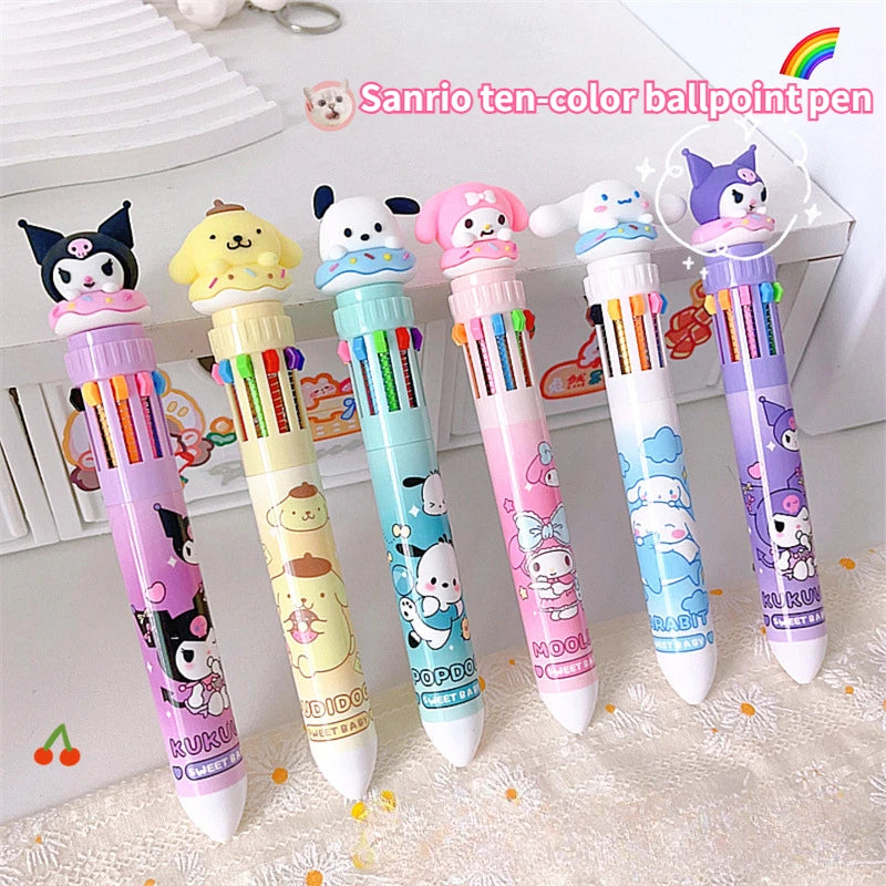 Sanrio Press Ten Color Ballpoint Pen Cartoon Kawaii Kuromi Multi-color Students Gel Pen Melody Sanrio Stationery Write Cute Pens