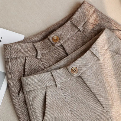 Woolen Pants Women Casual High Waist Korean Pencil Pantalones Spring Fall Office Lady Blend Ol Harem Button Up Solid Trousers