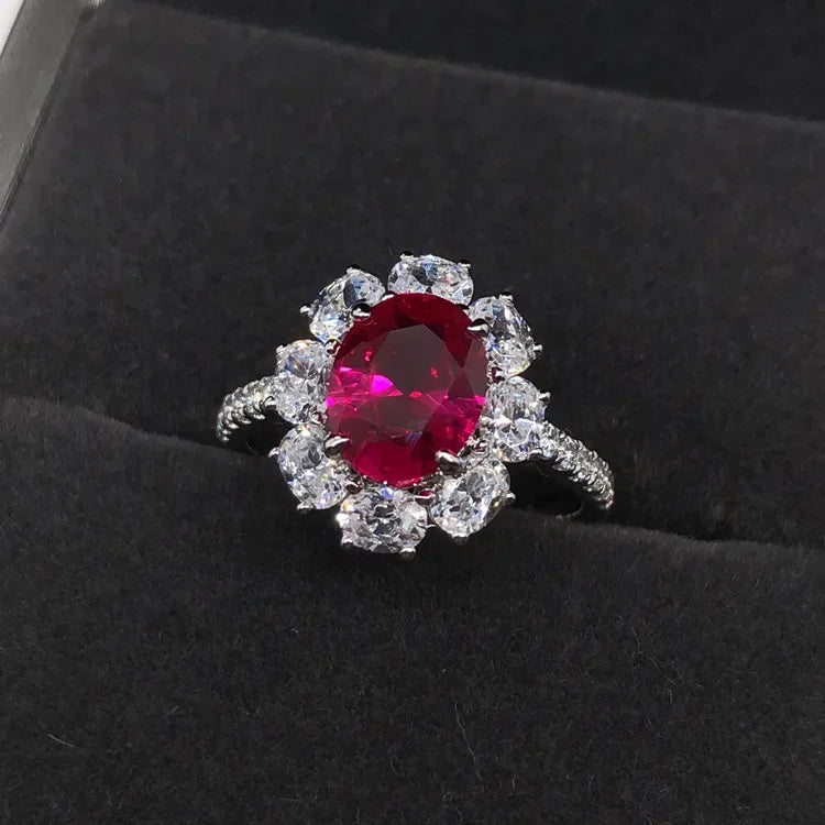 Solid Platinum PT950 Egg Shaped 2 Carat Pigeon Blood Ruby/Blue Diamond Ring 14K Gold Court Style Luxury