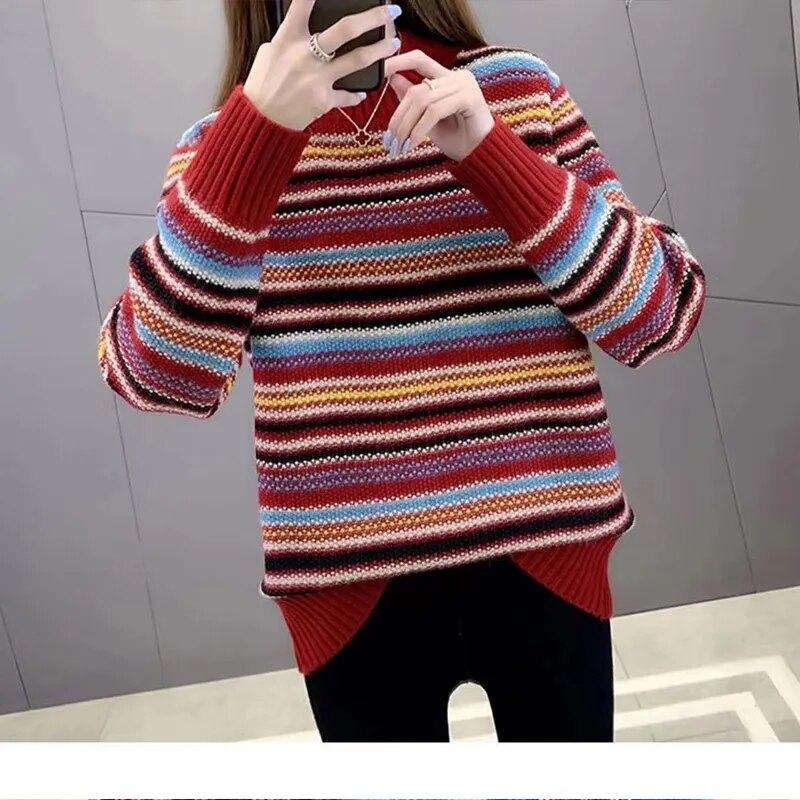 Autumn Winter Stripe Fashion Harajuku Sweater Women All Match Korean Chic Tops Lady Loose Casual Knitwear Long Sleeve Pullover