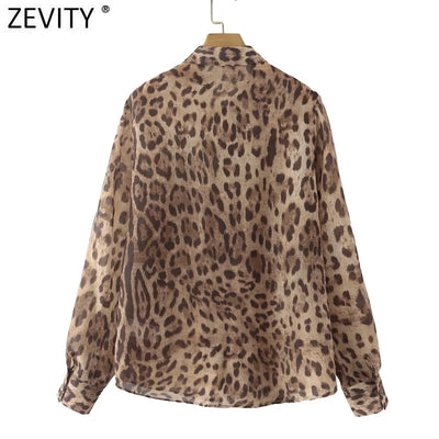 Zevity Women Fashion Leopard Print Chiffon Blouse Office Ladies Long Sleeve Button Up Streetwear Shirts Chic Blusas Tops LS9949