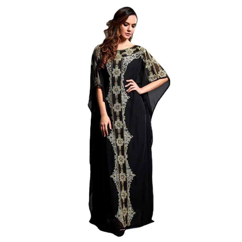 Women's Middle Eastern Muslim Round Neck Robe Beach Vacation Skirt Spring Summer Chiffon Printed Gorgeous Party Style Dresses