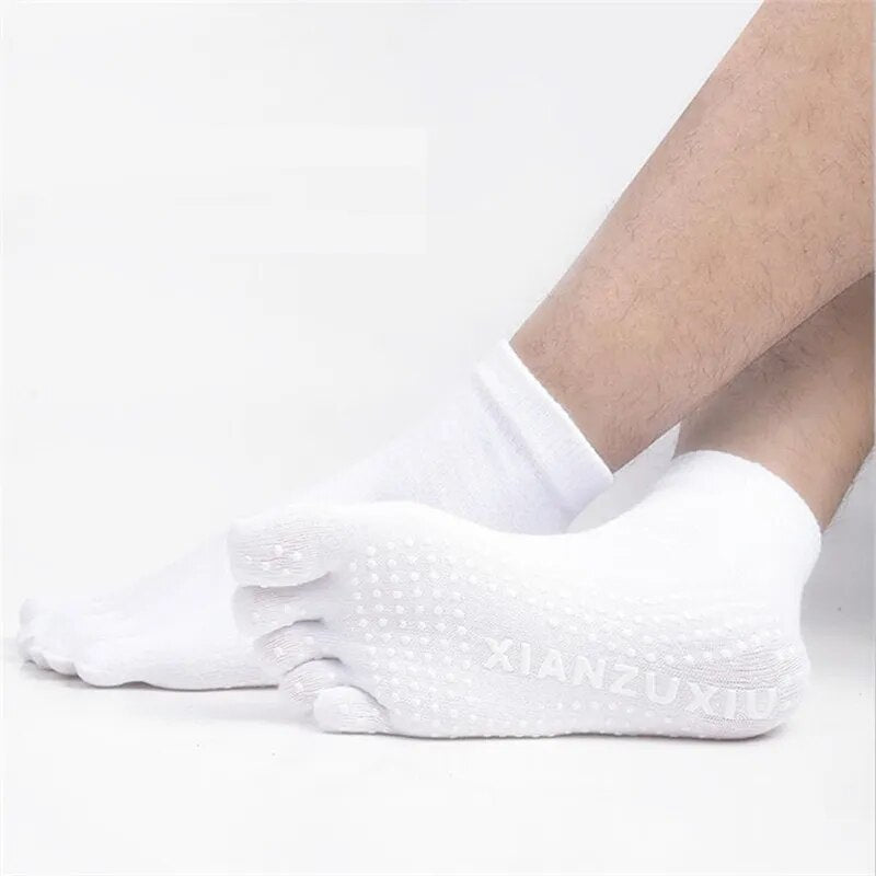 Men Five Toed Dot Silicone Yoga Mid-Crew Socks Cotton Solid Non-slip Grip Pilates Socks