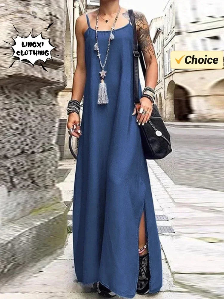 2024 Summer Fashion New Elegant Women's Denim Suspender Sexy Casual Temperament Split A-line Vacation Dress