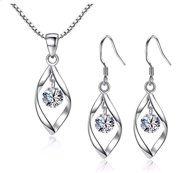 3pcs Necklace Earrings Set Ladies Cold-color Wind Twisted Glass Diamond With Venice Chain Imitation White Gold-color Jewelry