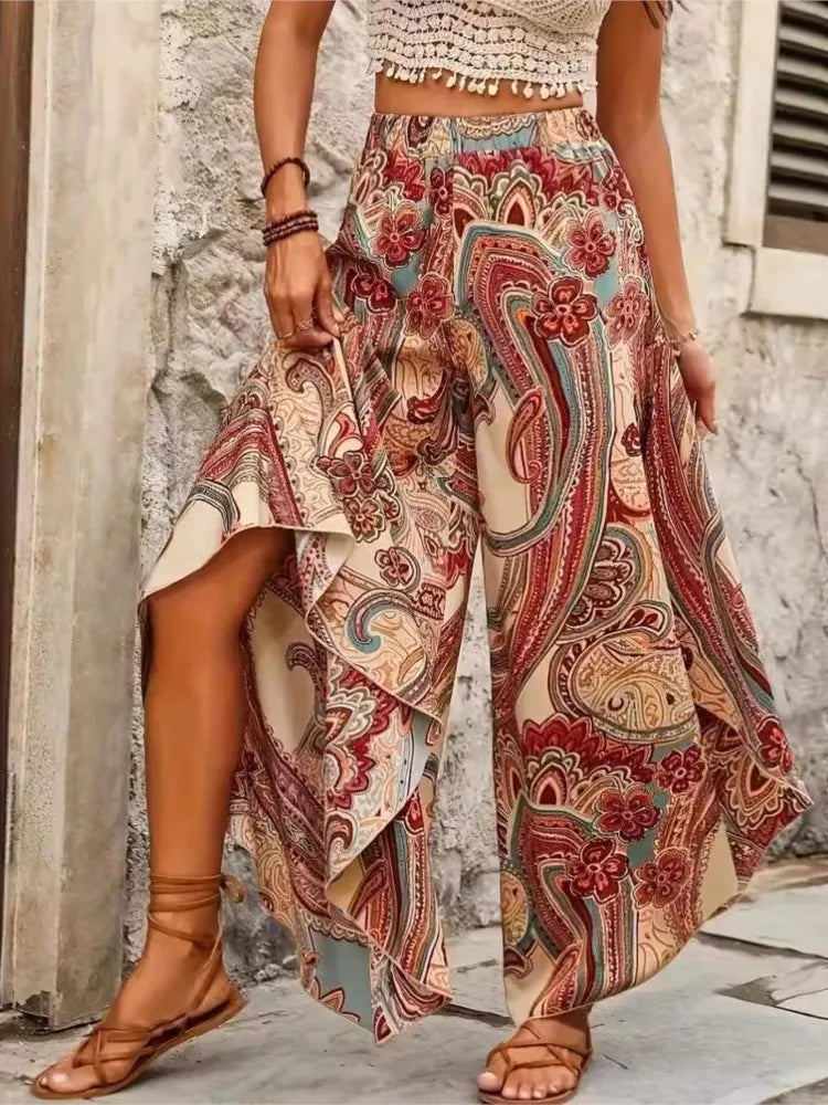 Plus Size Summer Bohemian Style Print Long Wide Leg Pant Women Irregular Ruffle Pleated Loose Ladies Trousers Fashion Woman Pant