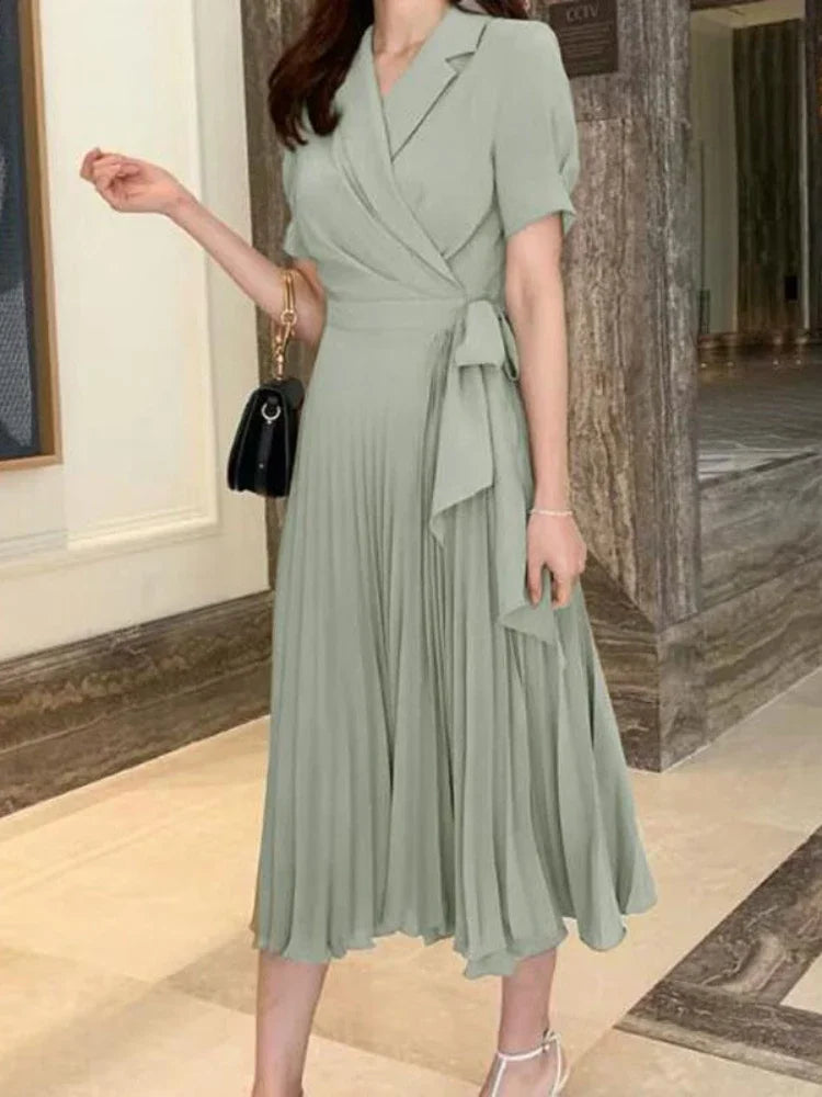 Chiffon Dress Pleated High-waisted Frock Chiffon Female Clothing Elegant Skirt Medium-length Dress Office Lady Outfits Summer