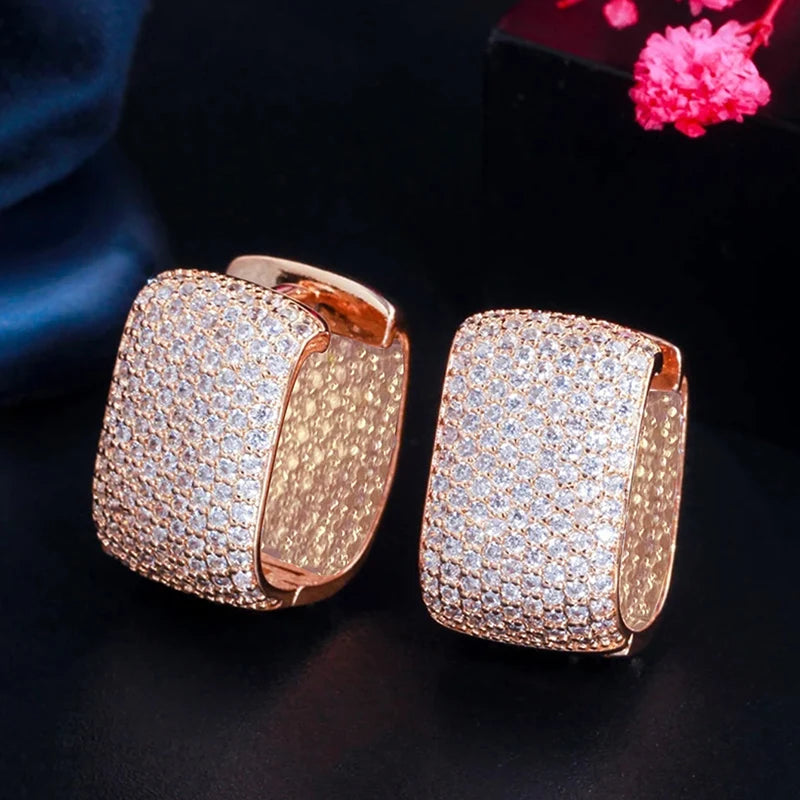 Huitan Full Cubic Zirconia Hoop Earrings for Women Bling Bling Temperament Female Ear Accessories Luxury Bridal Wedding Jewelry