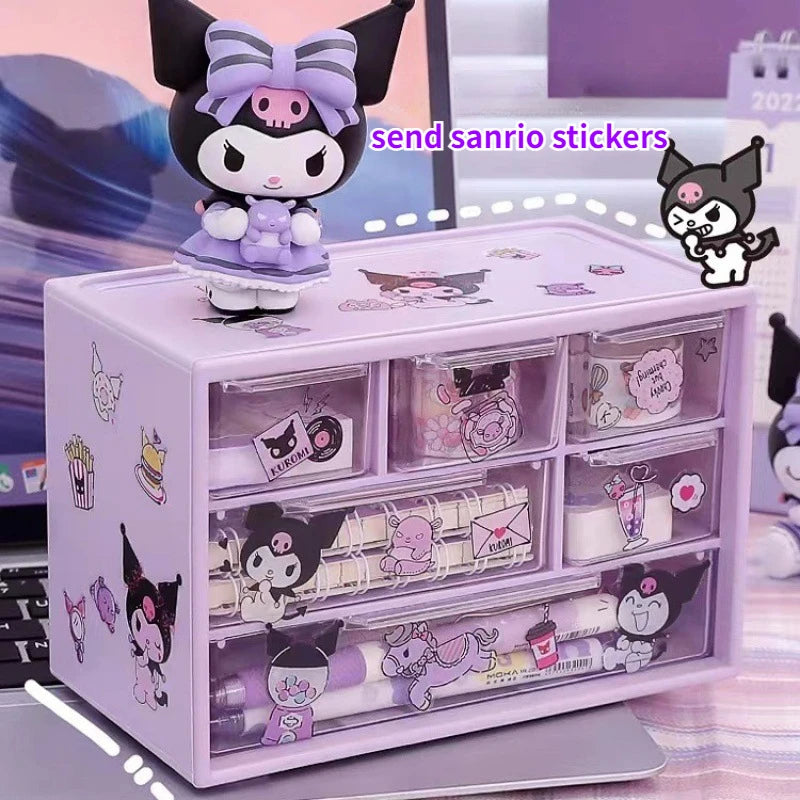 Miniso Sanrio 6 Grids Drawer Storage Box Desk Organizer with Kawaii Stickers Hello Kitty Cinnamoroll My Melody Cute Room Decor