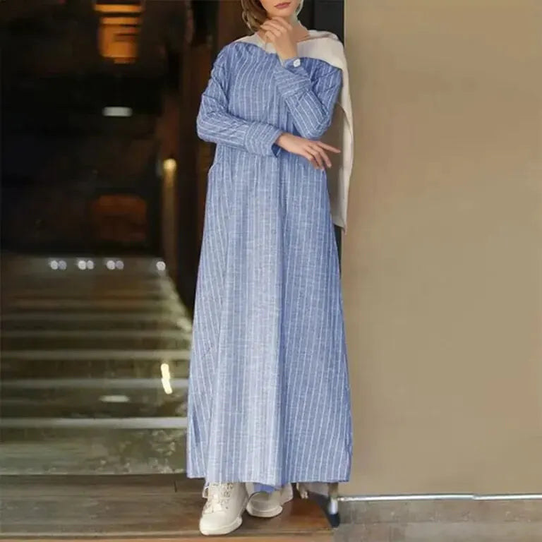 Women Fashion Retro Casual Clothing Long Sleeve Striped Cotton Dress Loose A- shaped Dress All Seasons