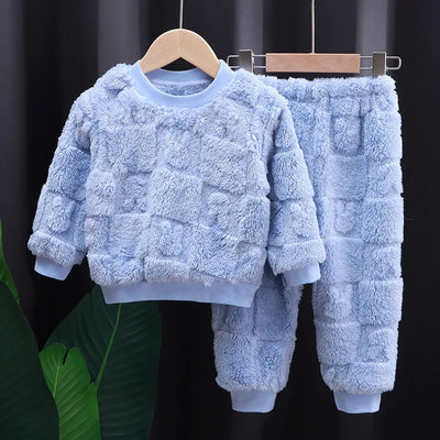 Baby flannel pajamas Korean casual solid color home clothing set for childrens long sleeved pajamas and girls warm underwear set