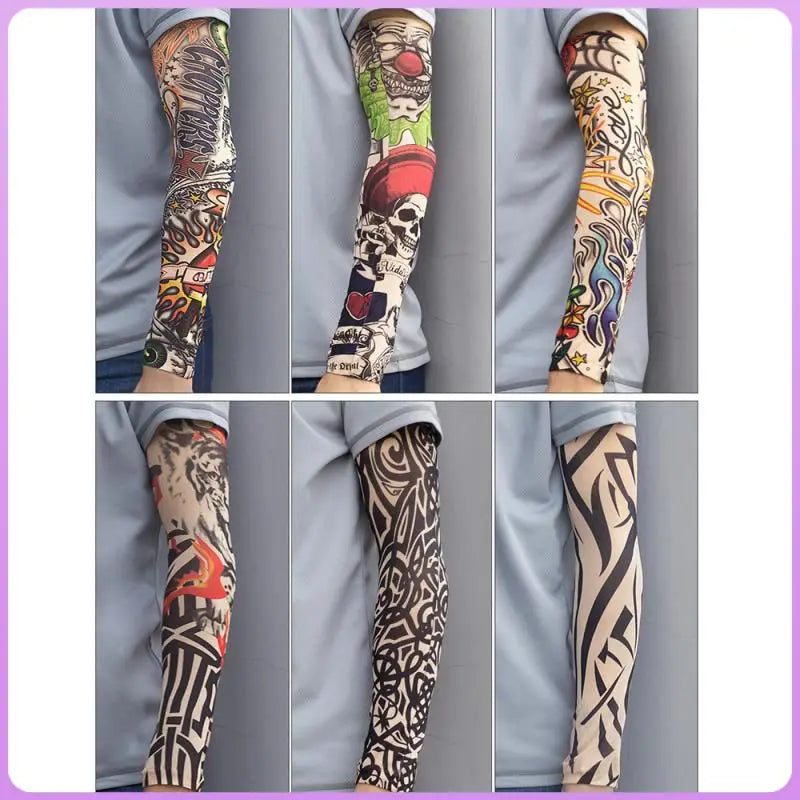 Ice Silk Sleeves Men Sun Shade Elastic Quick-drying Sweat-absorbent Arm Sleeves Cycling Driving Cooling Tattoo Printed Sleeves