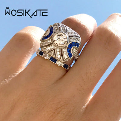 Wosikate Vintage Blue Synthetic Topaz Set Ring For Women Set With Zirconia Ladies Jewelry Anniversary Gifts Size 6-10 Wholesale