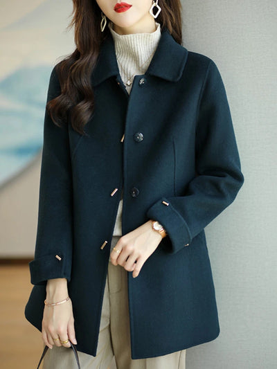 Women Coat Woolen Jacket Slim Fashion Office Lady Square Collar Single Breasted Autumn Winter Topcoat Wide-waisted Pocket Warmth