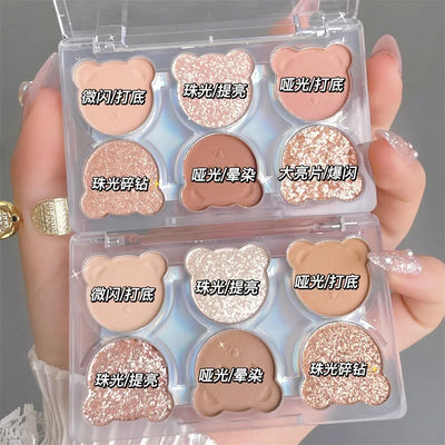 6-Color Cute Bear Eyeshadow Palette Nude Brown Glitter Pearly Eye Shadow Matte Long Lasting Korean Eye Makeup Palette Cosmetics