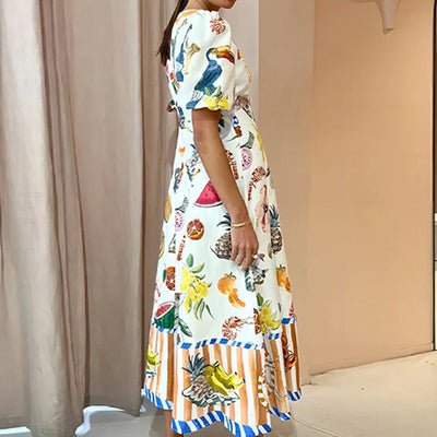 2024 Summer Women's New Elegant Printed Waist-Controlled Round Neck Puff Sleeve Dress Vintage Dress Dresses