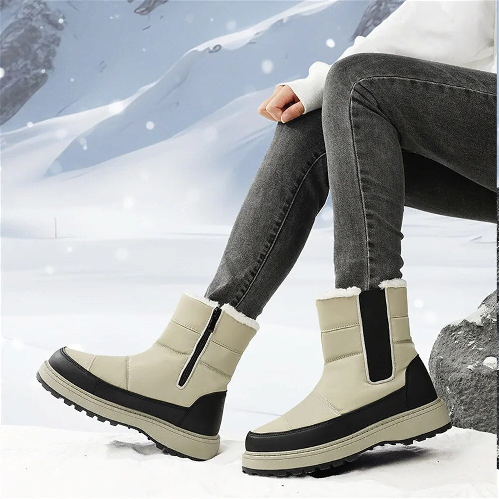 RIZABINA Women's Snow Boots Winter Outdoor Waterproof Thick Plush Zipper Mixed Color Hiking Boots Casual Cotton Shoes Size 36-42