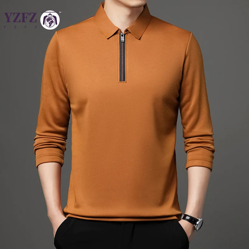 Solid Color Long Sleeve Polo Shirt Fashion Zipper Men's Polo Neck Top Cotton Polo Collar Long Sleeve T-shirt